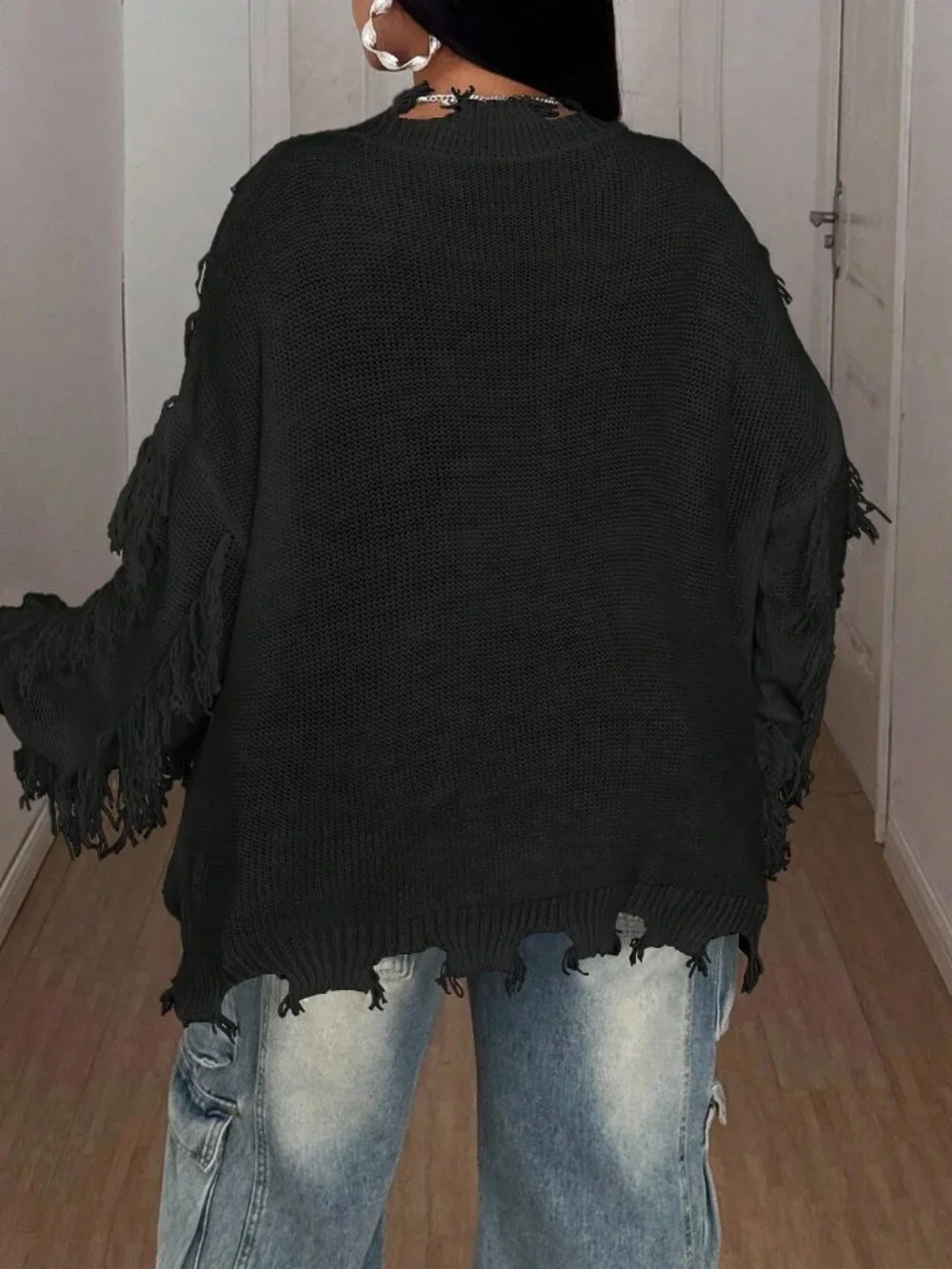 Black Casual Women's Loose V-Neck Tattered Drop Sleeve Pullover